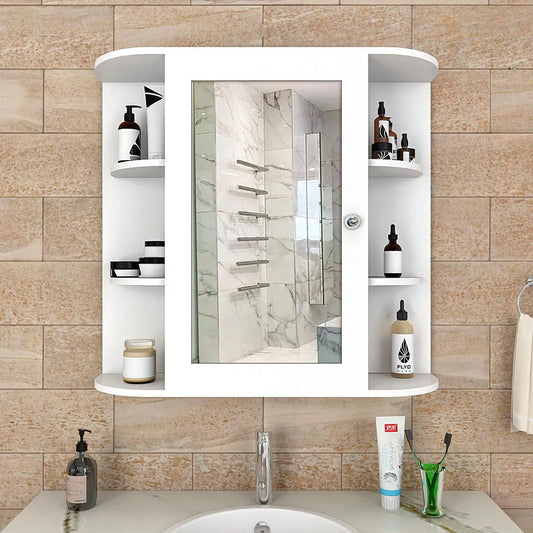 Premium Wooden Bathroom Cabinet Mirror with 10 Spacious Shelves with White Finish