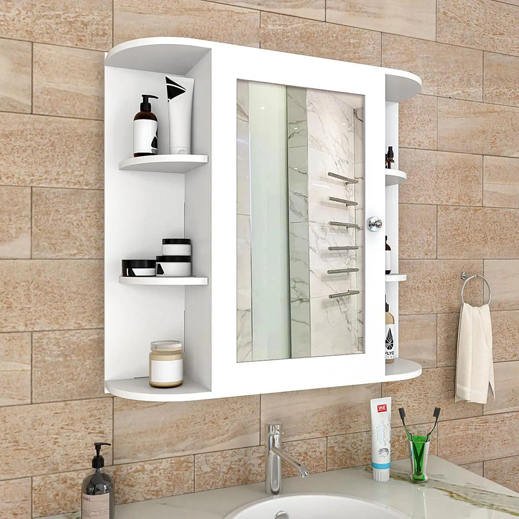 Premium Wooden Bathroom Cabinet Mirror with 10 Spacious Shelves with White Finish