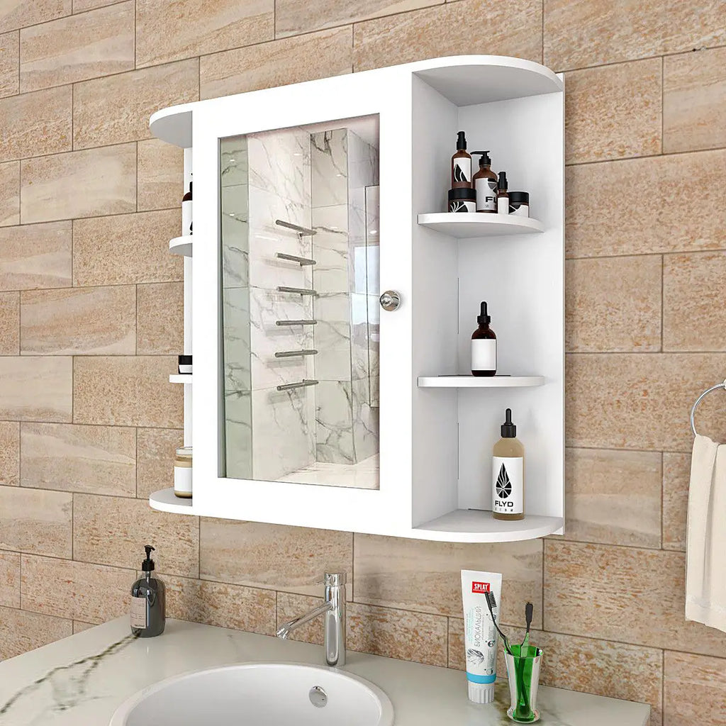 Premium Wooden Bathroom Cabinet Mirror with 10 Spacious Shelves with White Finish