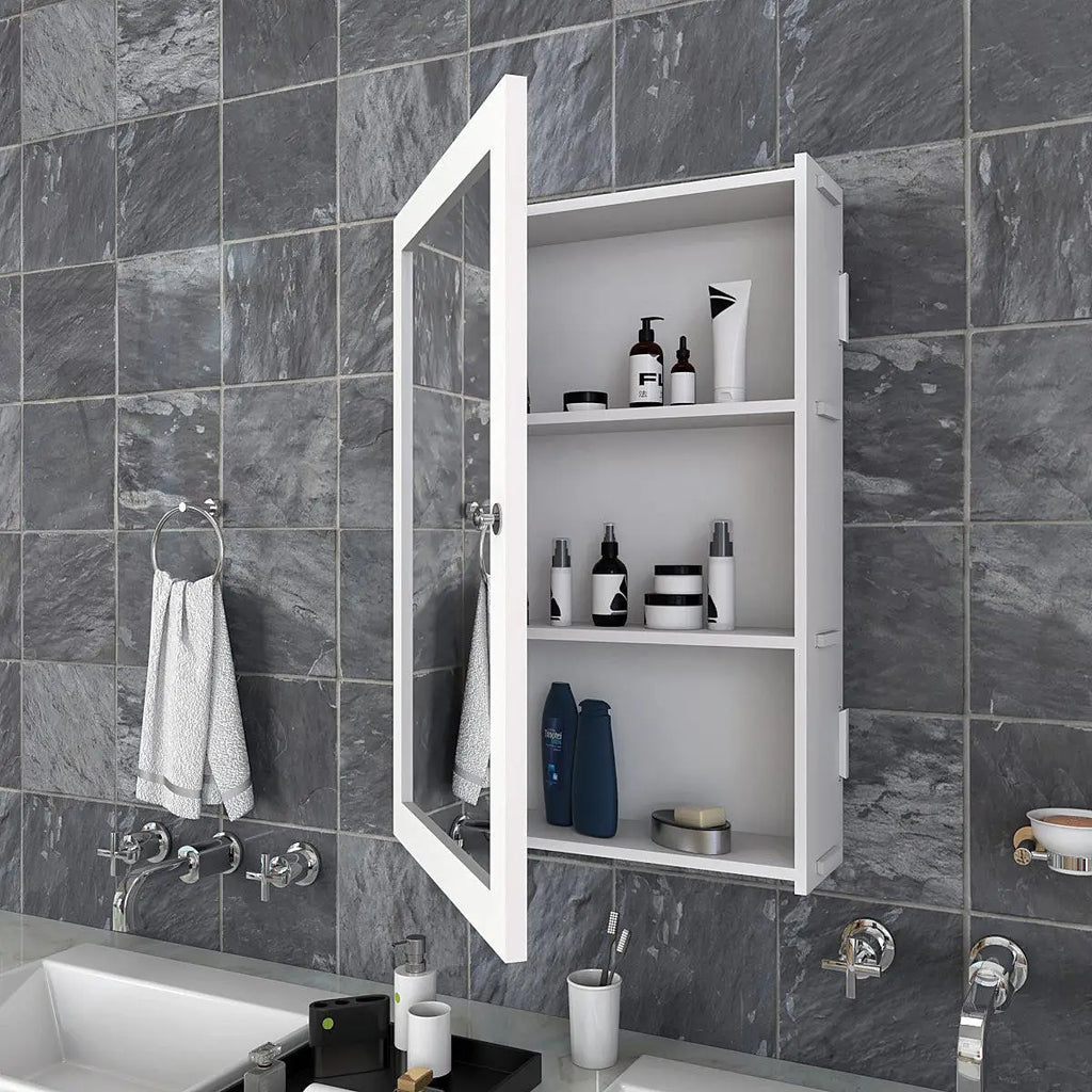 Rectangular Structured Wooden Bathroom Cabinet Mirror with 3 Spacious Shelves White Finish