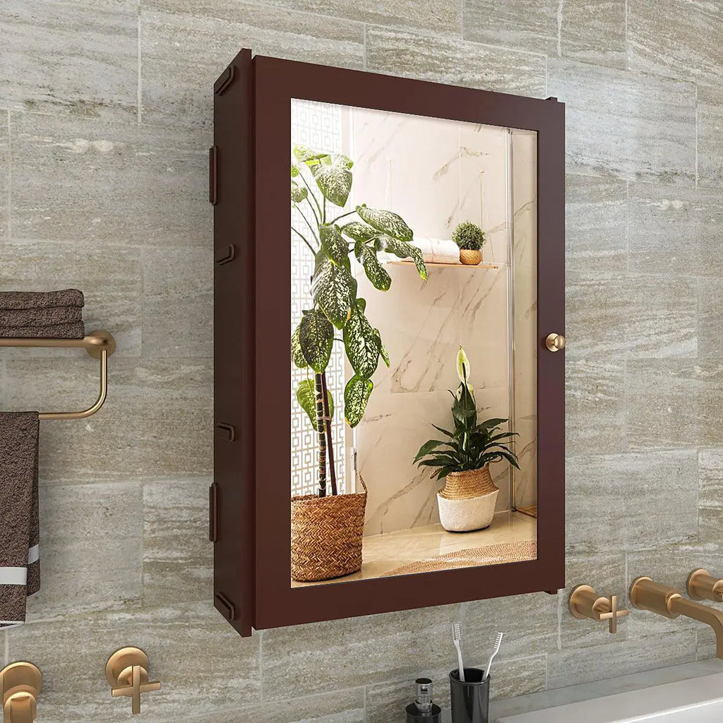 Rectangular Wooden Bathroom Cabinet Mirror with 3 Spacious Shelves with Solid Brown Finish