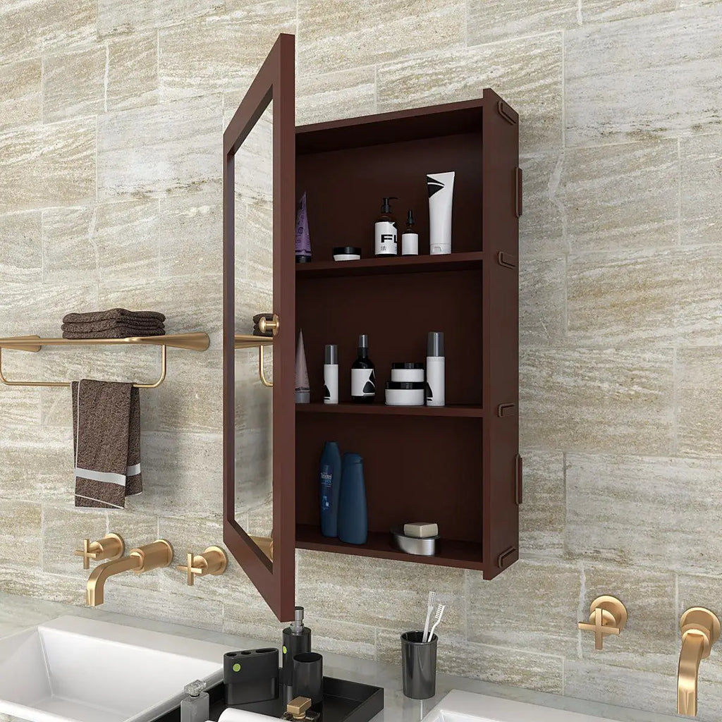 Rectangular Wooden Bathroom Cabinet Mirror with 3 Spacious Shelves with Solid Brown Finish