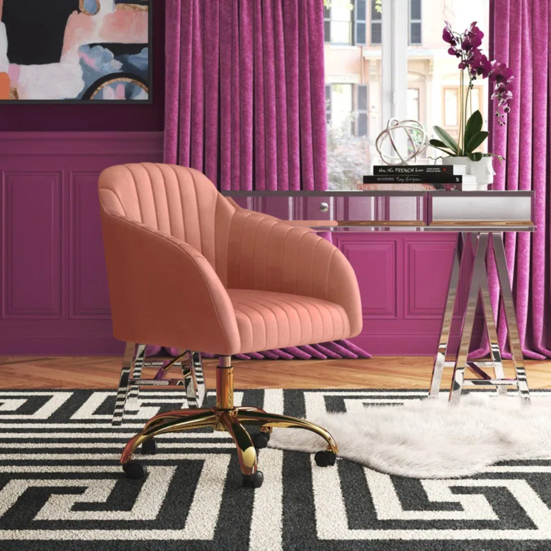 Refined Baby Pink Tufted Velvet Comfy Armchair with Golden Legs