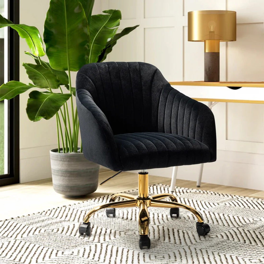 Refined Black Tufted Velvet Premium Armchair with Golden Legs