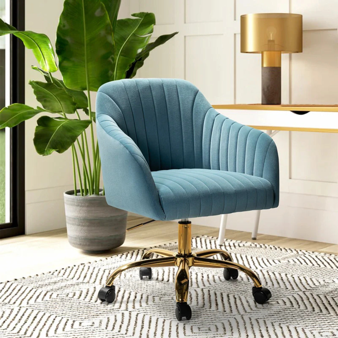 Refined Sky Blue Tufted Velvet Comfy Armchair with Golden Legs