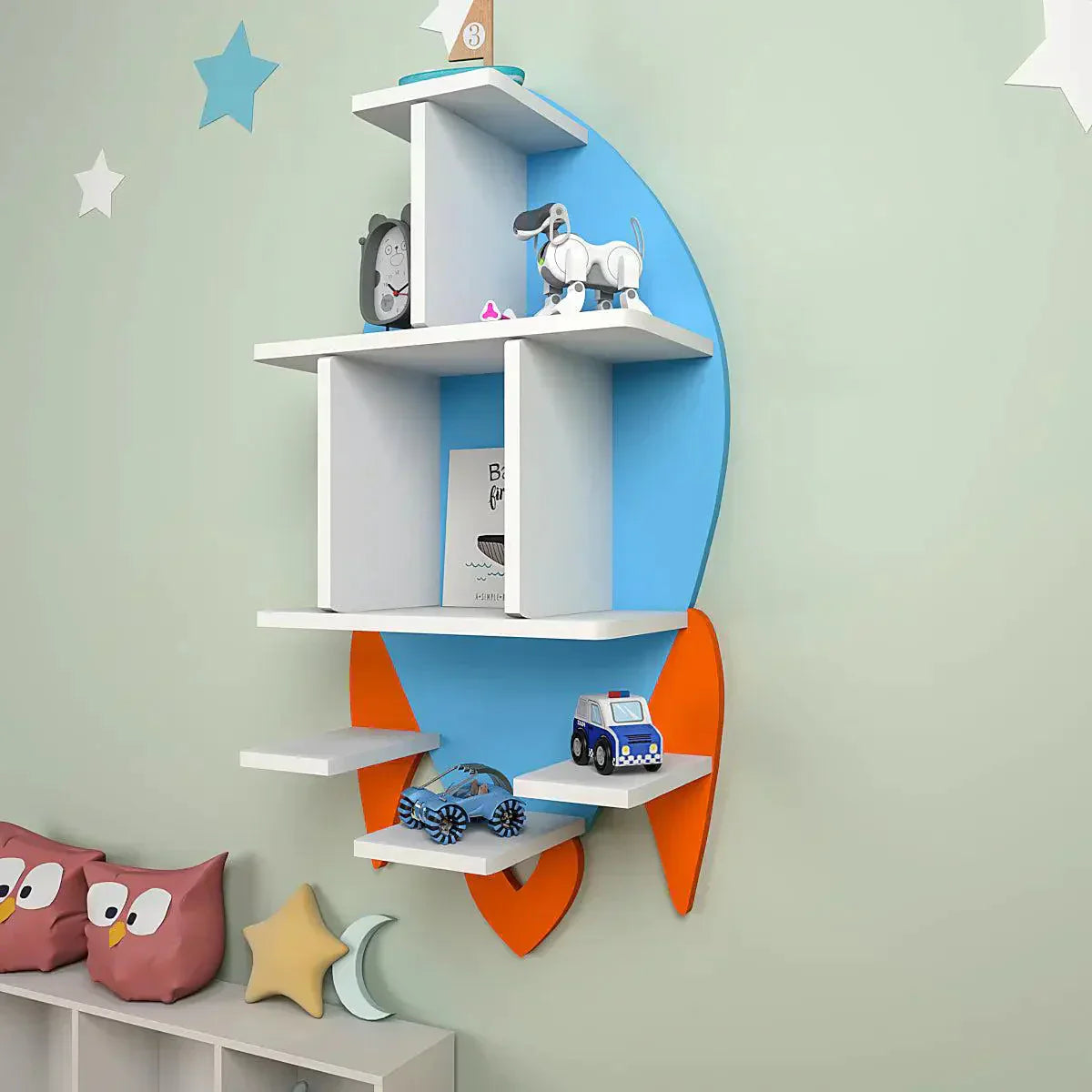 Rocket Shape Wooden Wall Storage Shelf for Kids