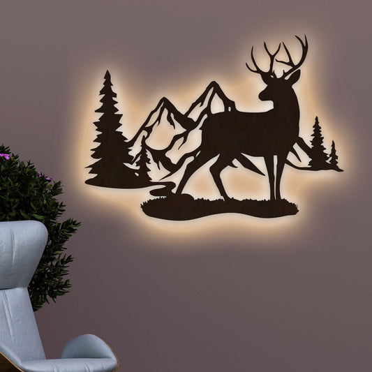 Rustic Forest Deer Backlit Wooden Wall Decor with LED Night Light Walnut Finish