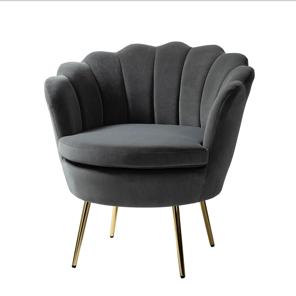 Shell Motif Luxury Design Grey Velvet Lounge Chair