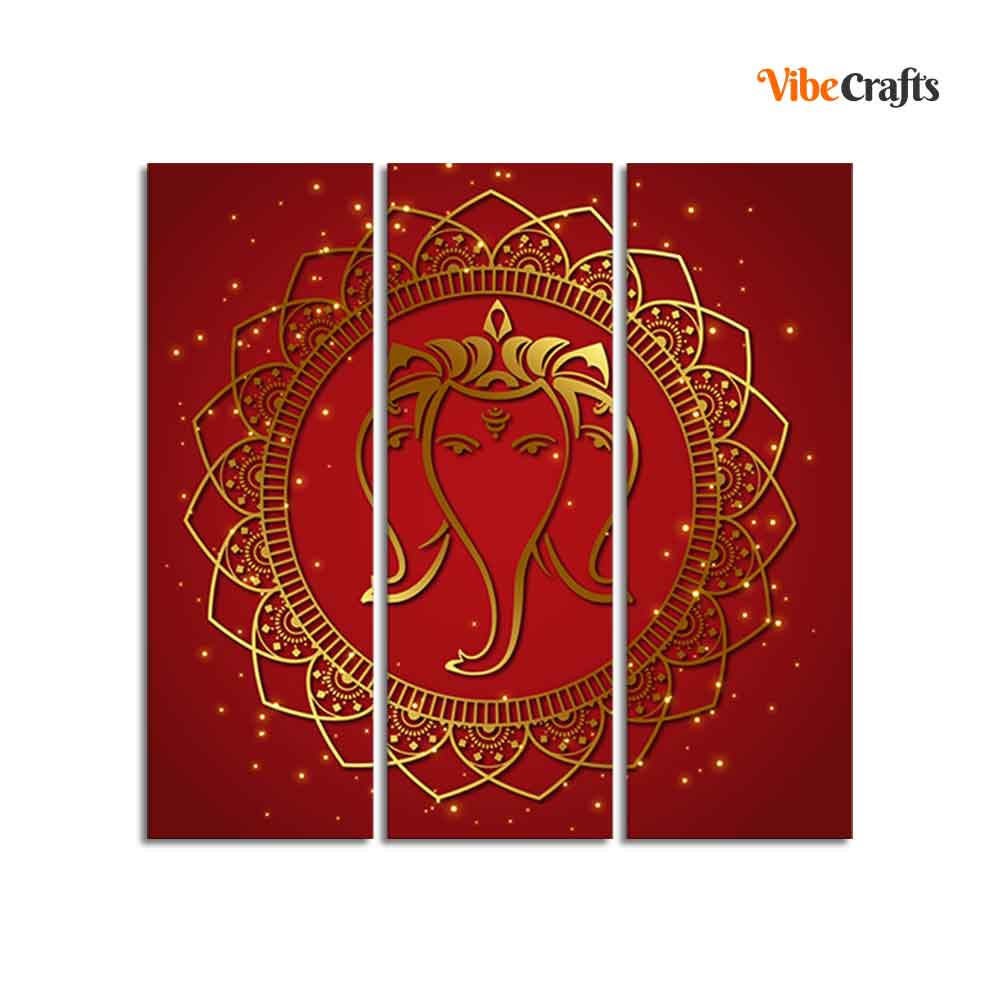 Shree Ganesha Face Canvas Wall Painting of Three Panels