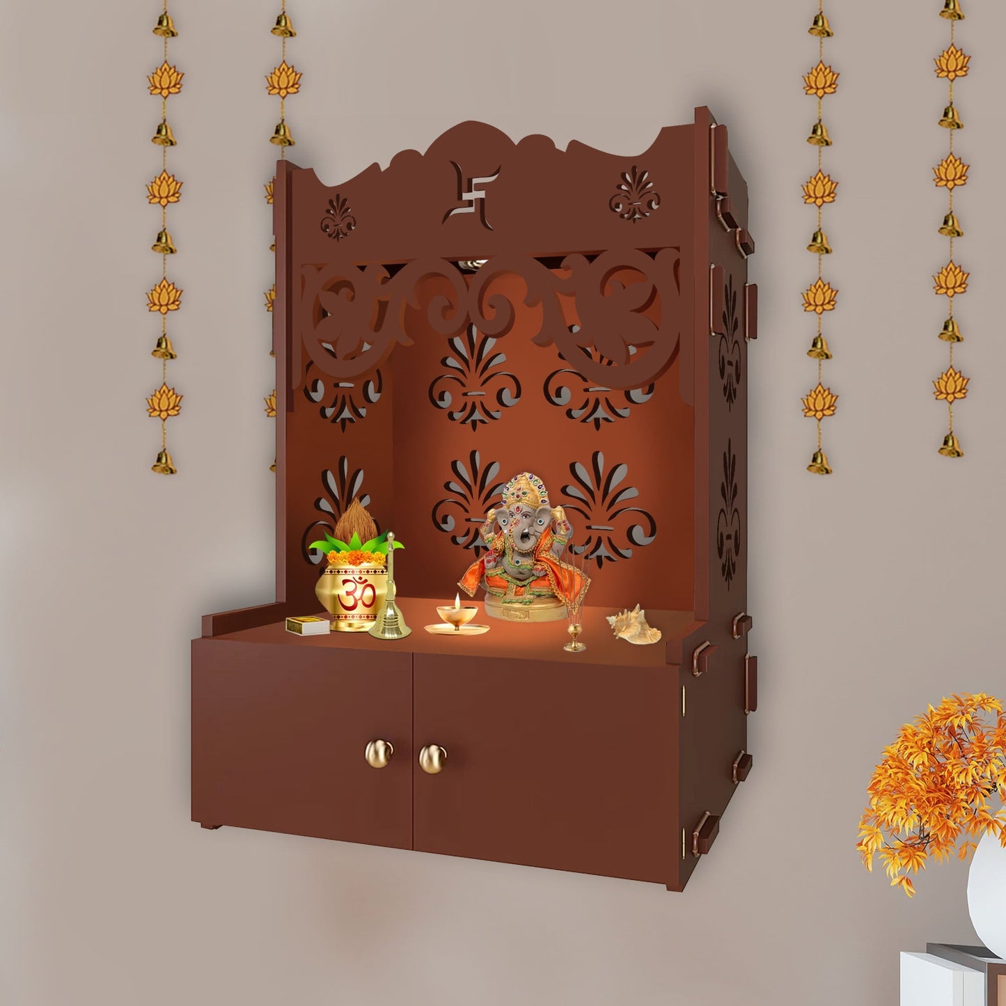 Shubh Labh Symbol of Hindu Religious Brown Wooden Wall Temple for Home With Inbuilt focus Lights & Spacious Shelf