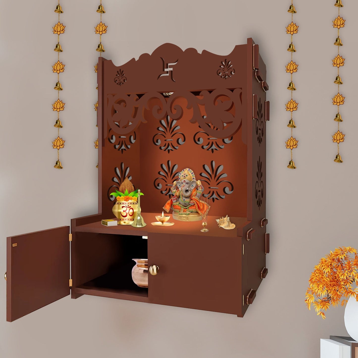 Shubh Labh Symbol of Hindu Religious Brown Wooden Wall Temple for Home With Inbuilt focus Lights & Spacious Shelf