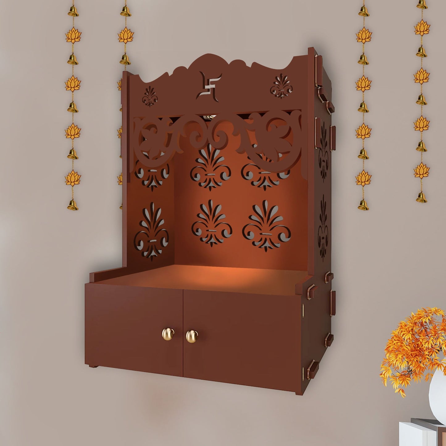 Shubh Labh Symbol of Hindu Religious Brown Wooden Wall Temple for Home With Inbuilt focus Lights & Spacious Shelf