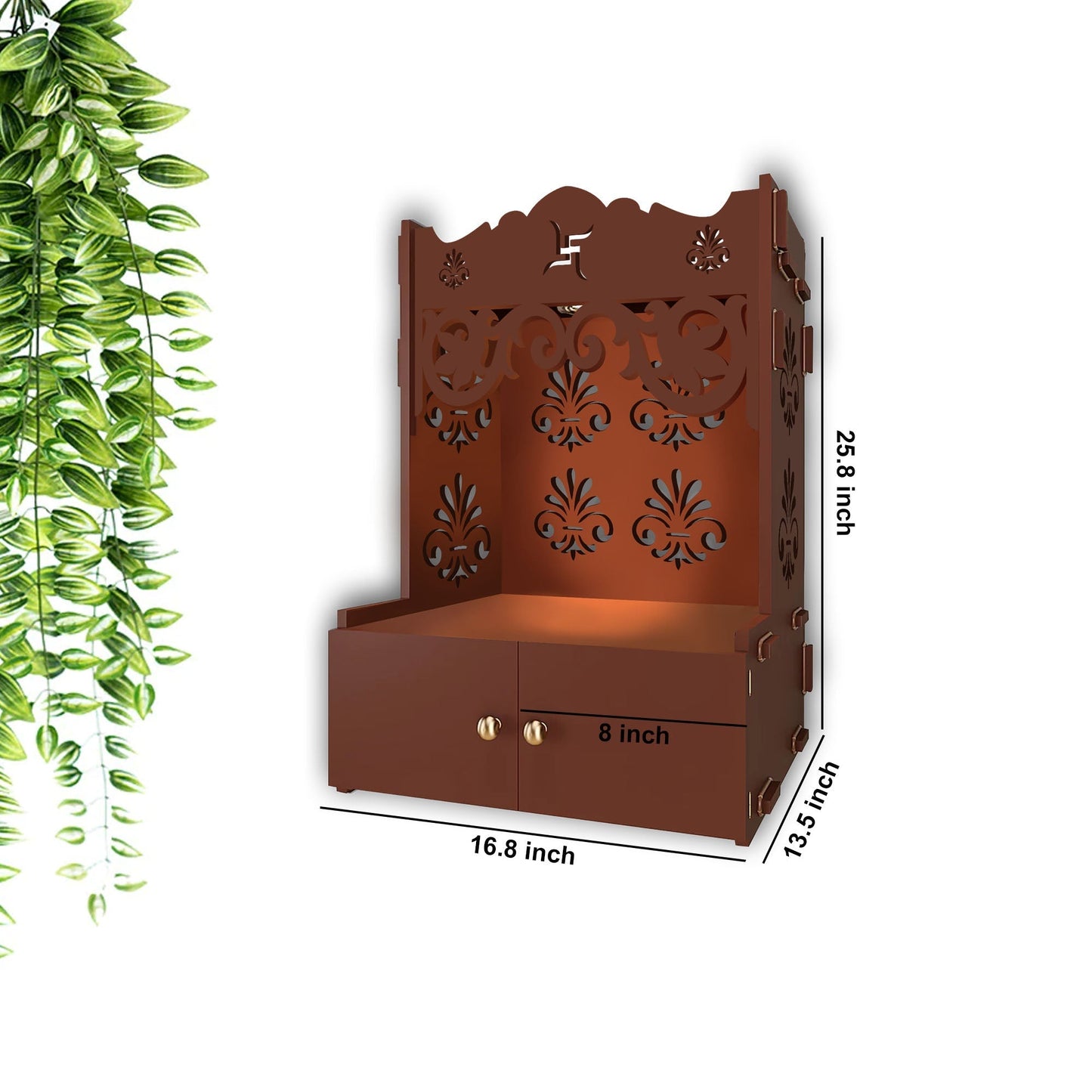 Shubh Labh Symbol of Hindu Religious Brown Wooden Wall Temple for Home With Inbuilt focus Lights & Spacious Shelf