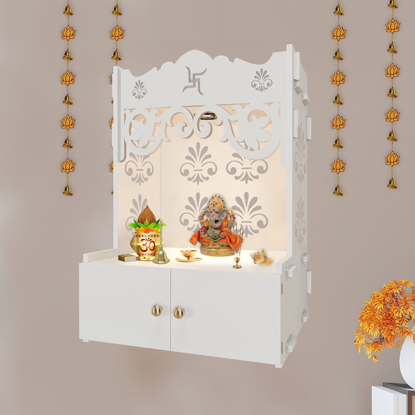 Shubh Labh Symbol of Hindu Religious White Wooden Wall Temple for Home With Inbuilt focus Lights & Spacious Shelf