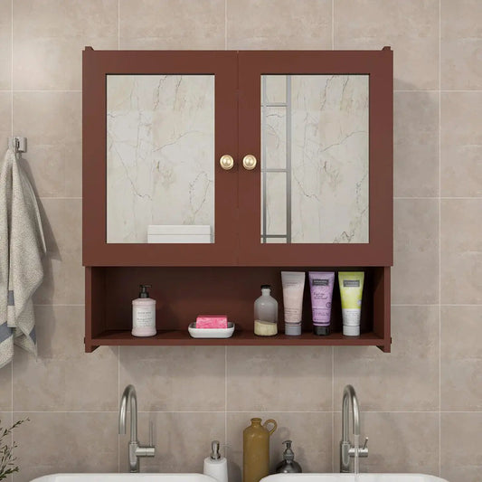 Space Saving Bathroom Mirror Cabinet with 5 Spacious Shelves with Brown Finish