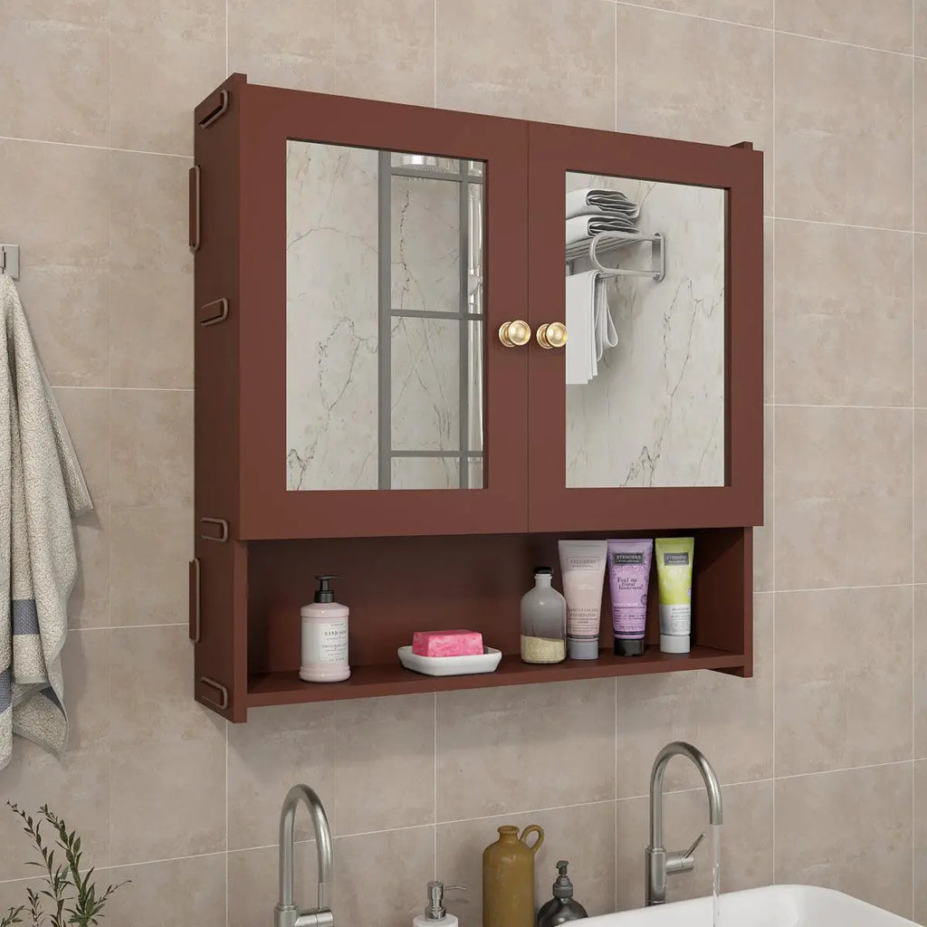 Space Saving Bathroom Mirror Cabinet with 5 Spacious Shelves with Brown Finish