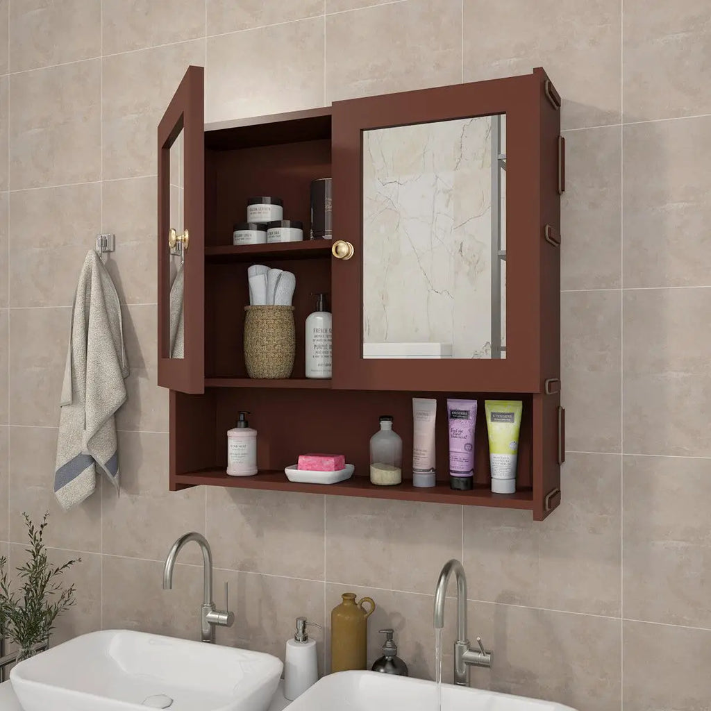 Space Saving Bathroom Mirror Cabinet with 5 Spacious Shelves with Brown Finish