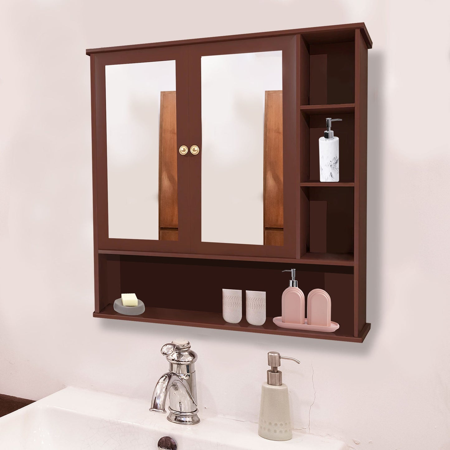 Space Saving Bathroom Mirror Cabinet with 6 Spacious Shelves with Wooden Brown Finish