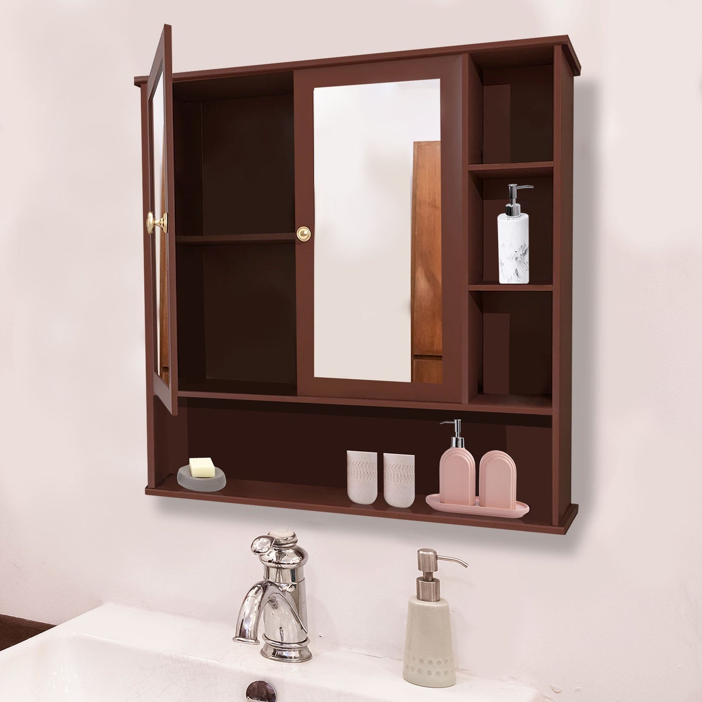 Space Saving Bathroom Mirror Cabinet with 6 Spacious Shelves with Wooden Brown Finish