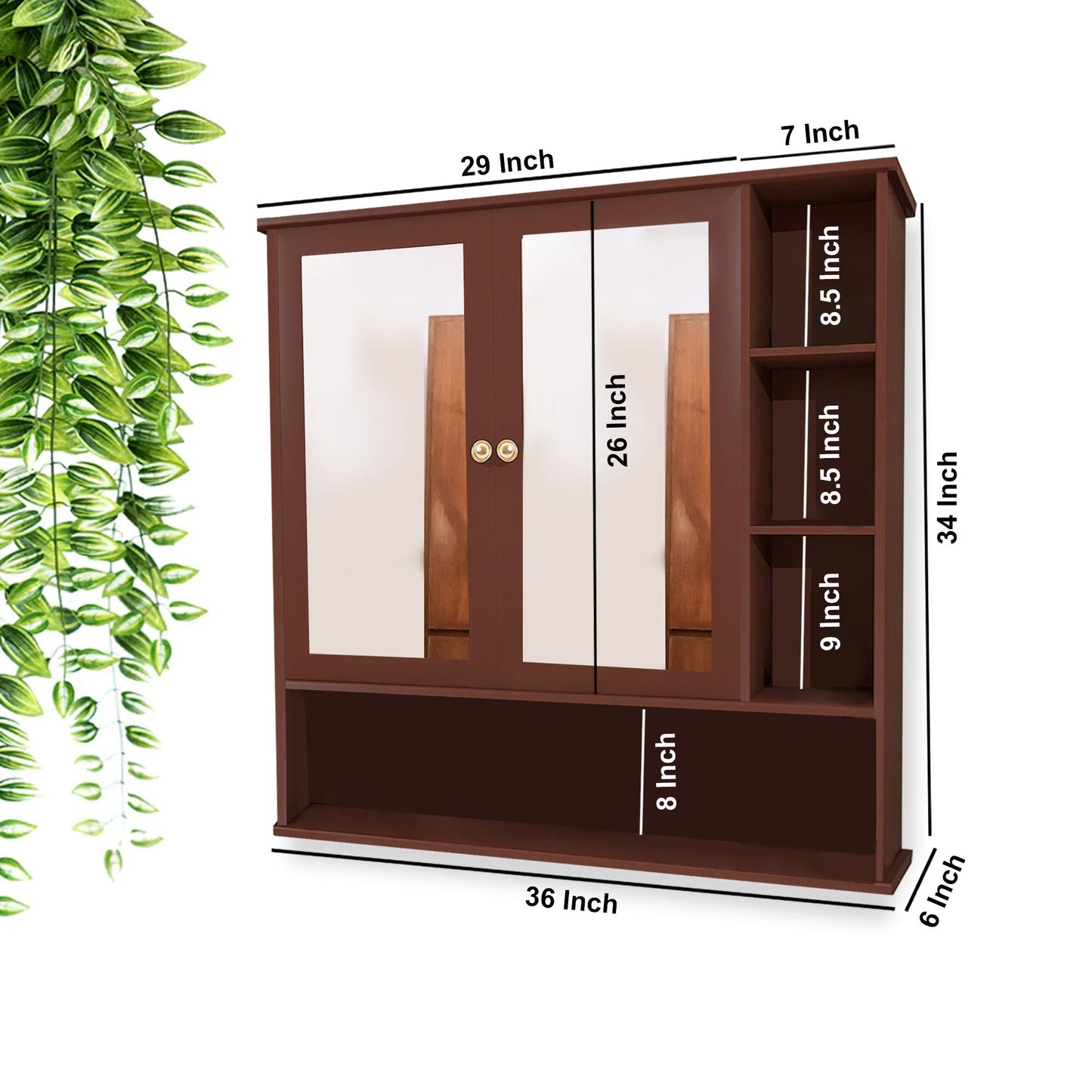 Space Saving Bathroom Mirror Cabinet with 6 Spacious Shelves with Wooden Brown Finish