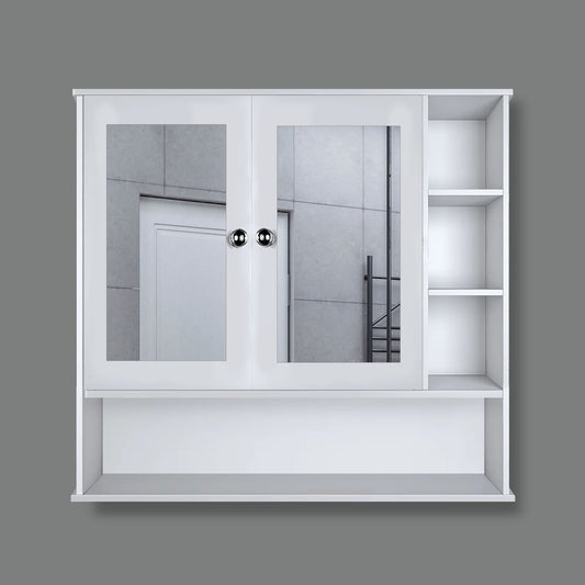 Space Saving Bathroom Mirror Cabinet with 6 Spacious Shelves with Wooden White Finish