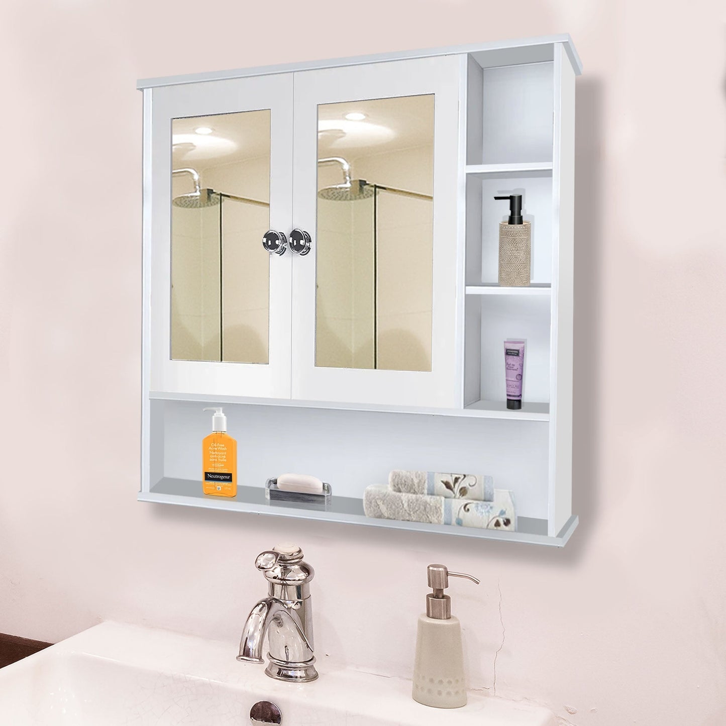 Space Saving Bathroom Mirror Cabinet with 6 Spacious Shelves with Wooden White Finish