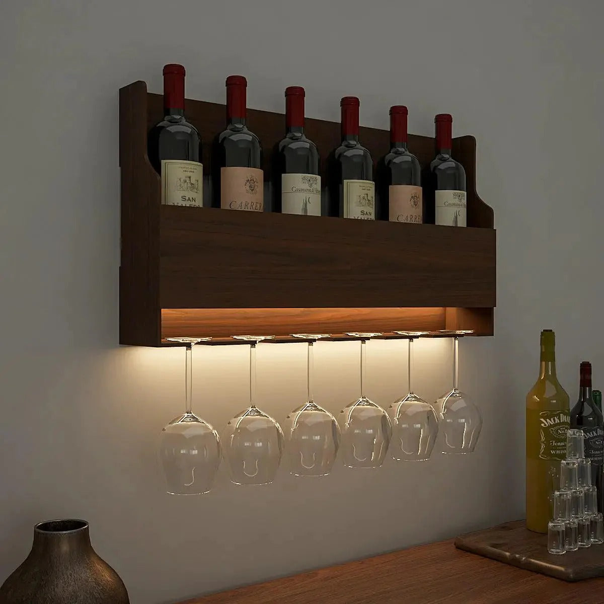 Spacious Design Backlit MDF Mini Bar Shelf in Walnut Finish