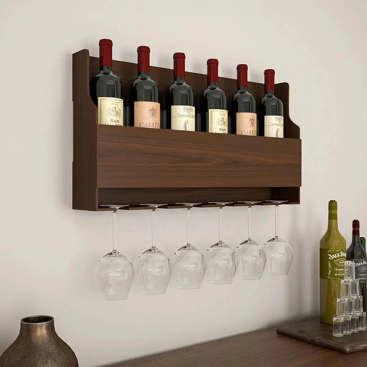 Spacious Design Backlit MDF Mini Bar Shelf in Walnut Finish