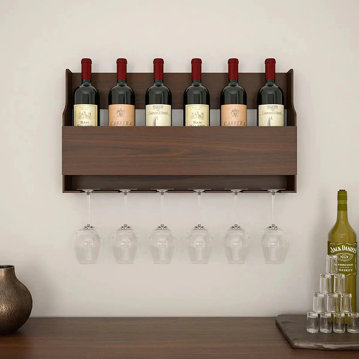 Spacious Design Backlit MDF Mini Bar Shelf in Walnut Finish