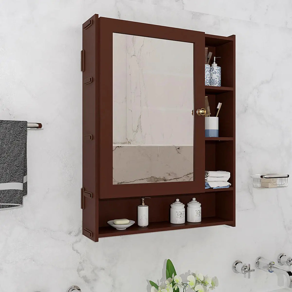 Spacious Dressing Bathroom Mirror Cabinet with 6 Shelves with Wooden Brown Finish