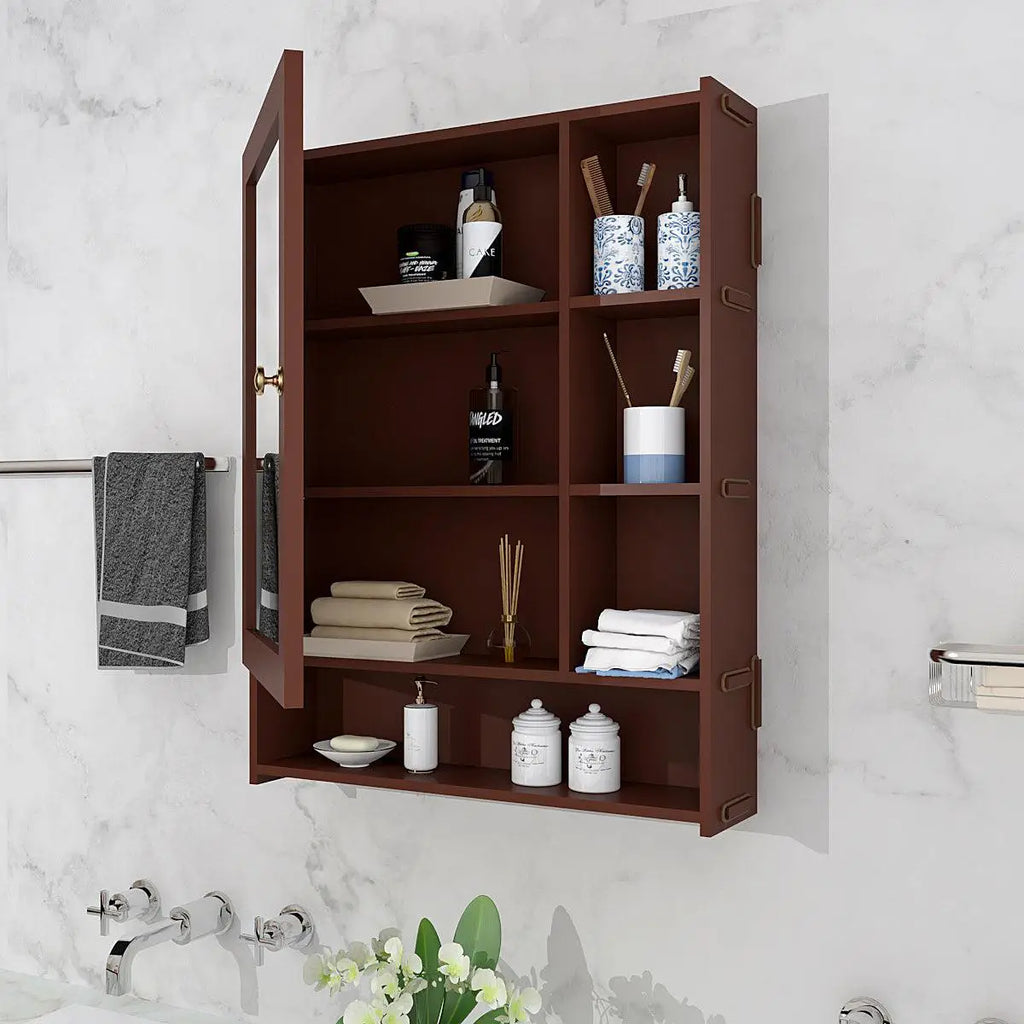 Spacious Dressing Bathroom Mirror Cabinet with 6 Shelves with Wooden Brown Finish