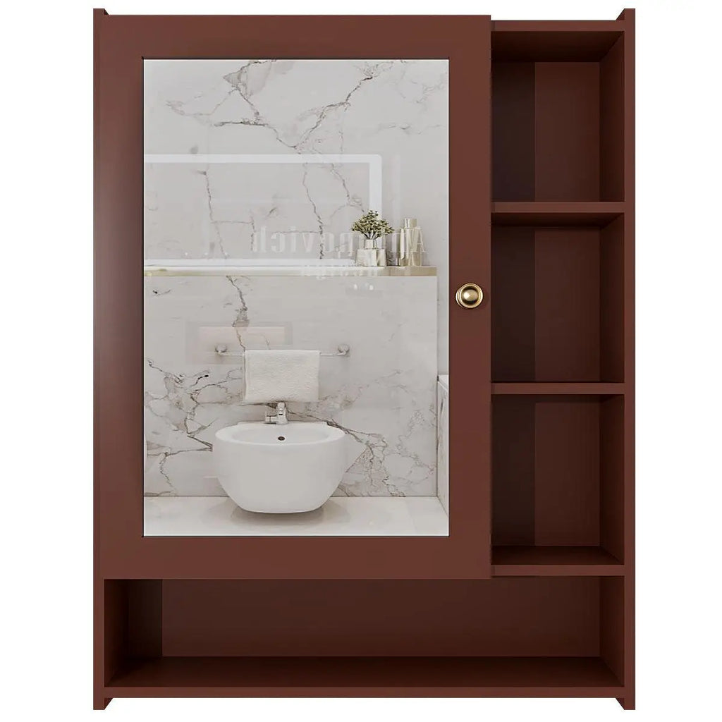 Spacious Dressing Bathroom Mirror Cabinet with 6 Shelves with Wooden Brown Finish