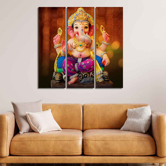 Spiritual God Ganesha Wall Painting of Three Panels