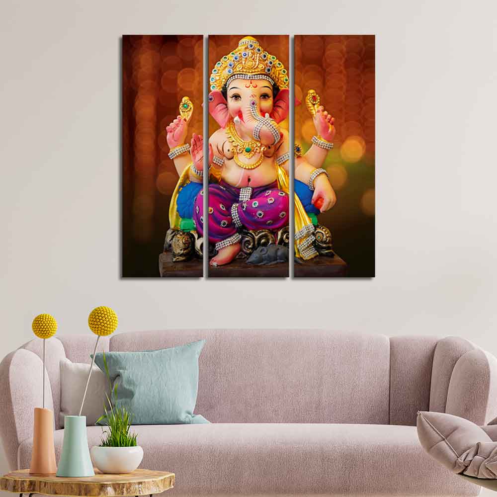 Spiritual God Ganesha Wall Painting of Three Panels