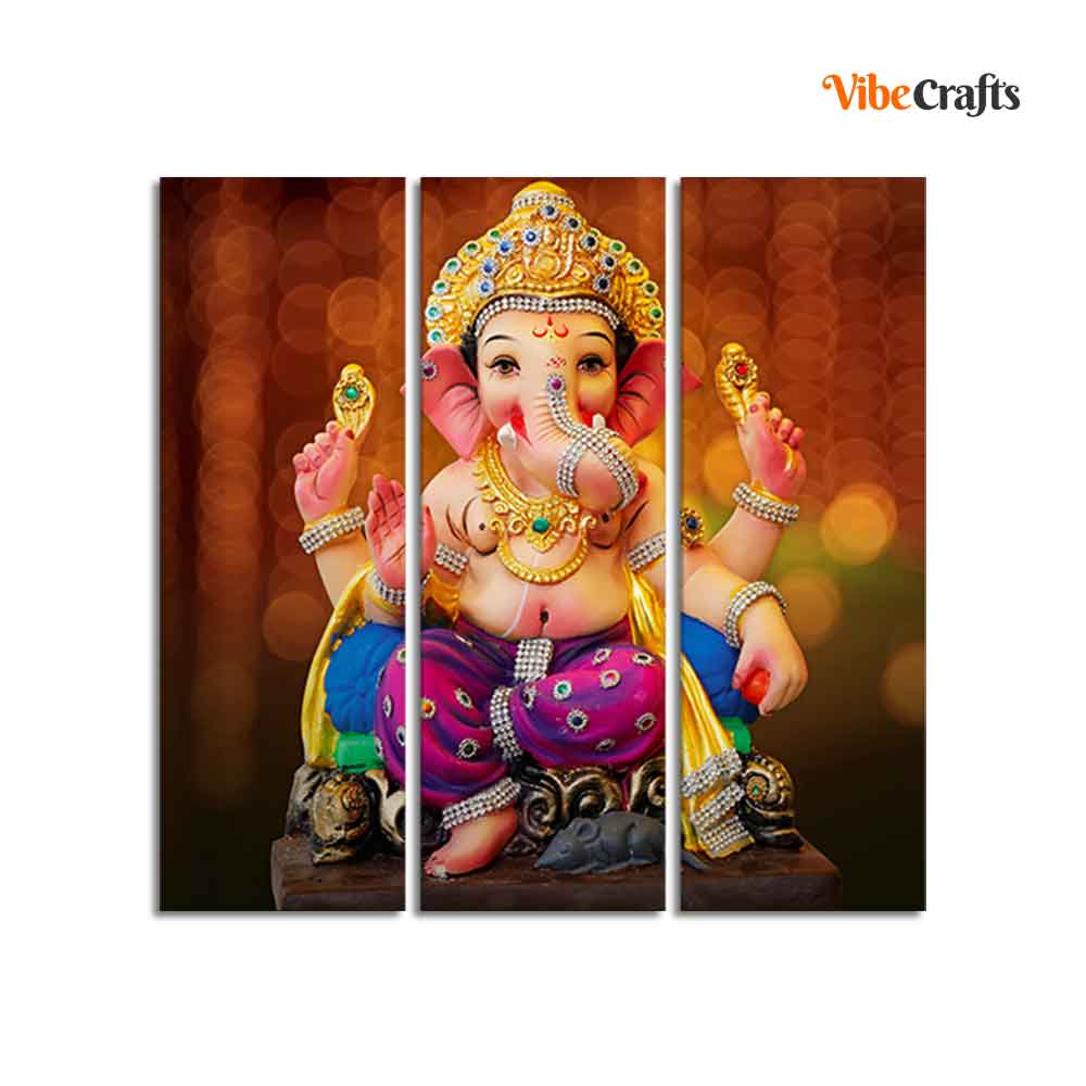 Spiritual God Ganesha Wall Painting of Three Panels