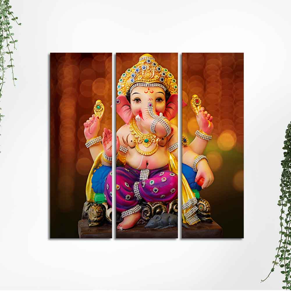 Spiritual God Ganesha Wall Painting of Three Panels