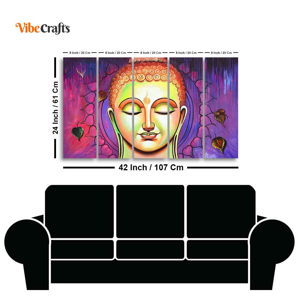 Spiritual Lord Buddha Meditating Wall Painting Five Pieces