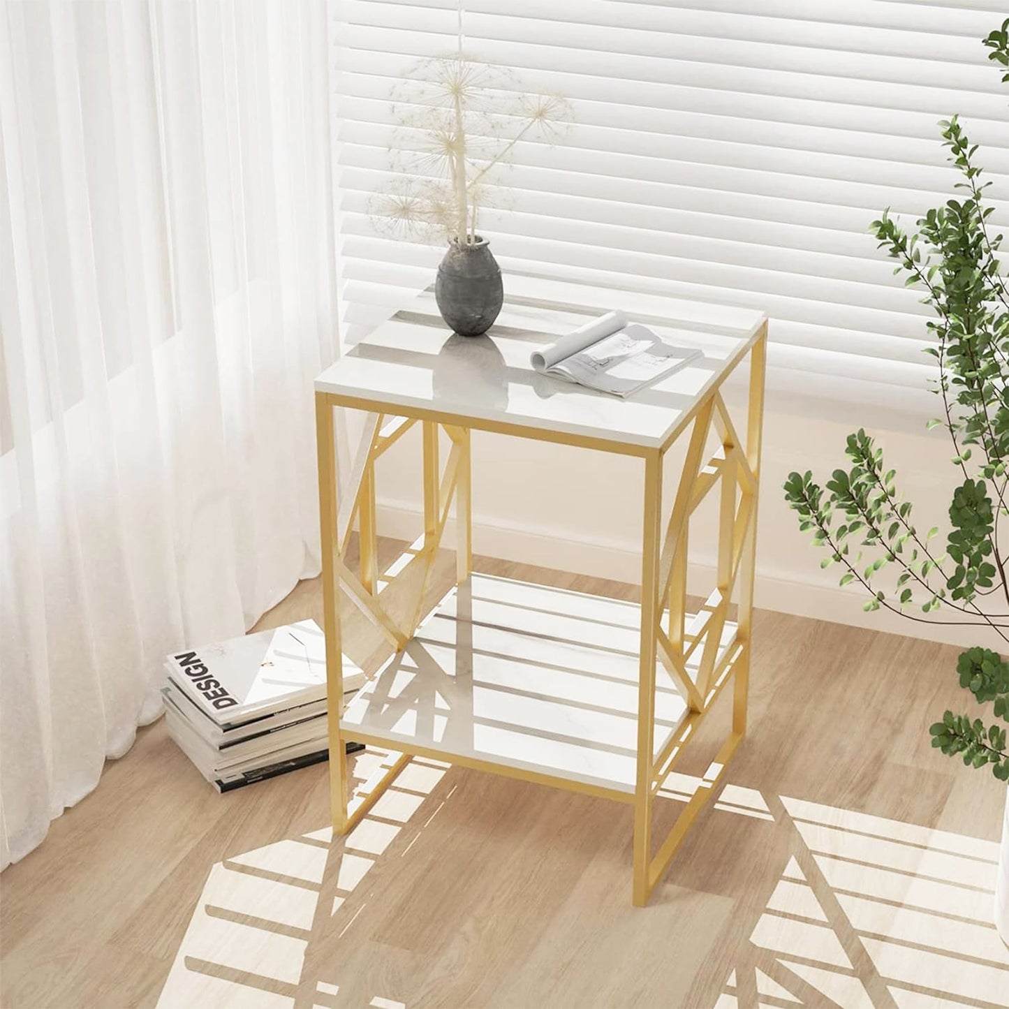 Square Geometric Rhombus Frame End  Side Table with Golden Metal Finish