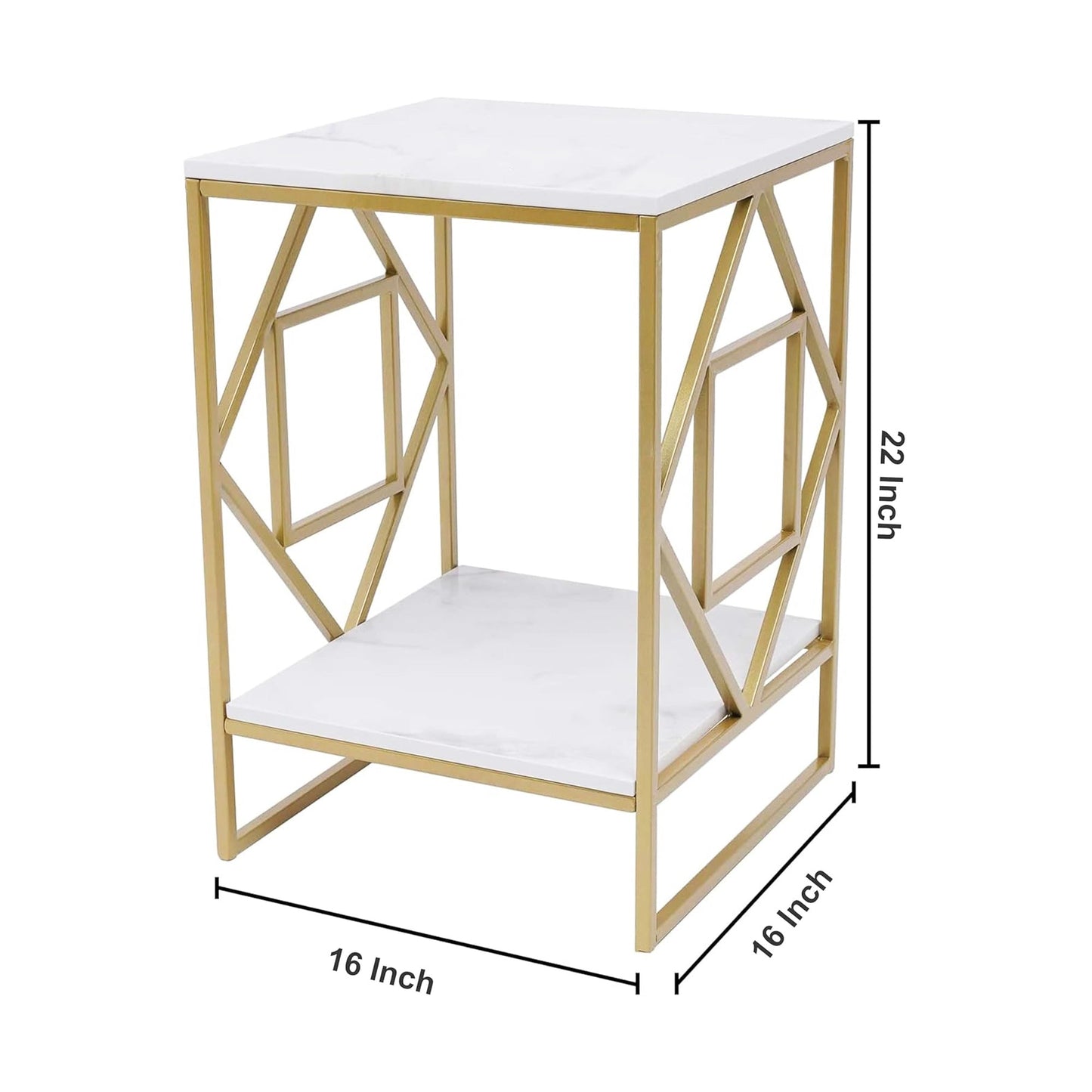 Square Geometric Rhombus Frame End  Side Table with Golden Metal Finish