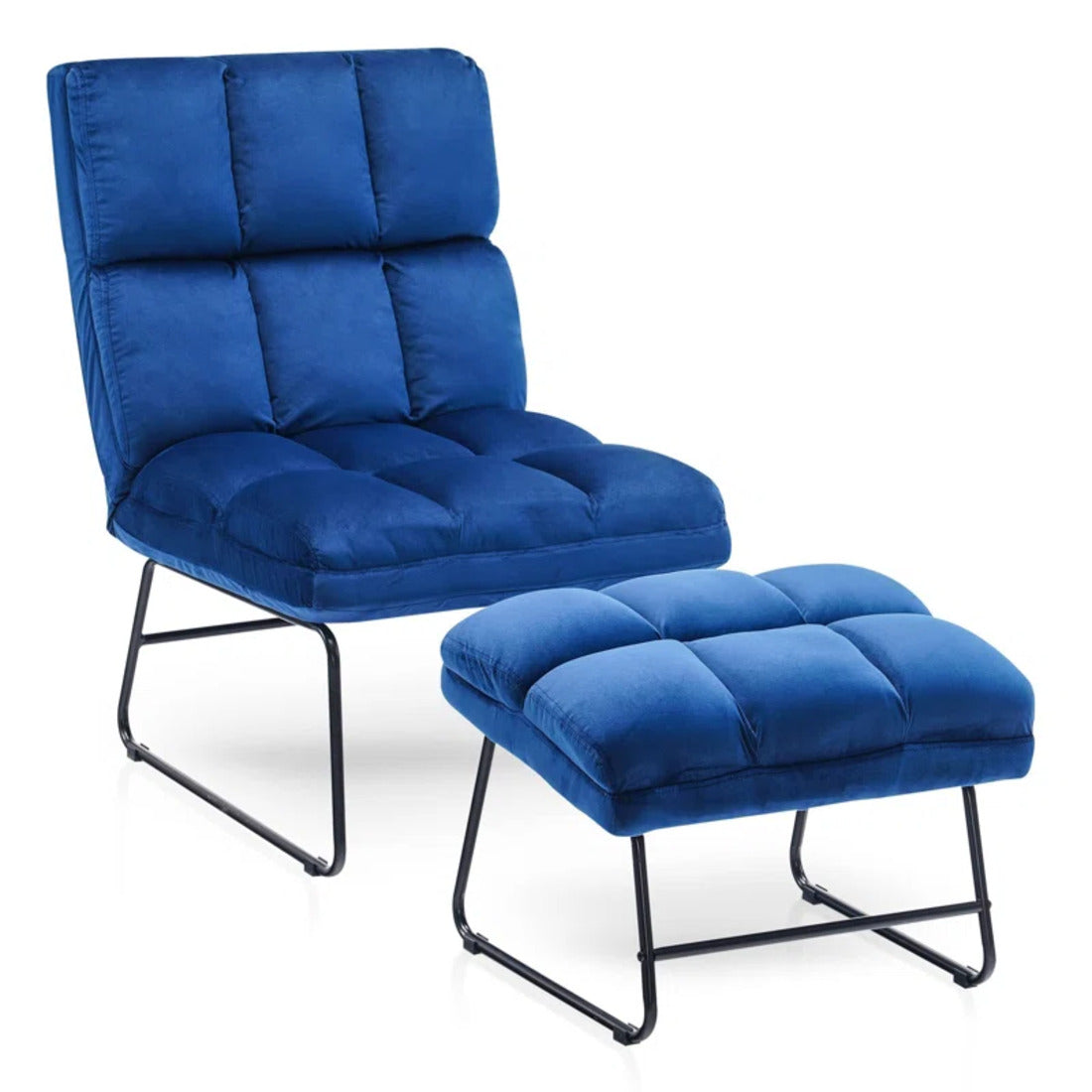 Square Tufted Design Blue Velvet Chair with Footrest