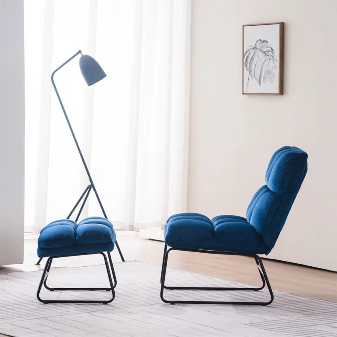 Square Tufted Design Blue Velvet Chair with Footrest