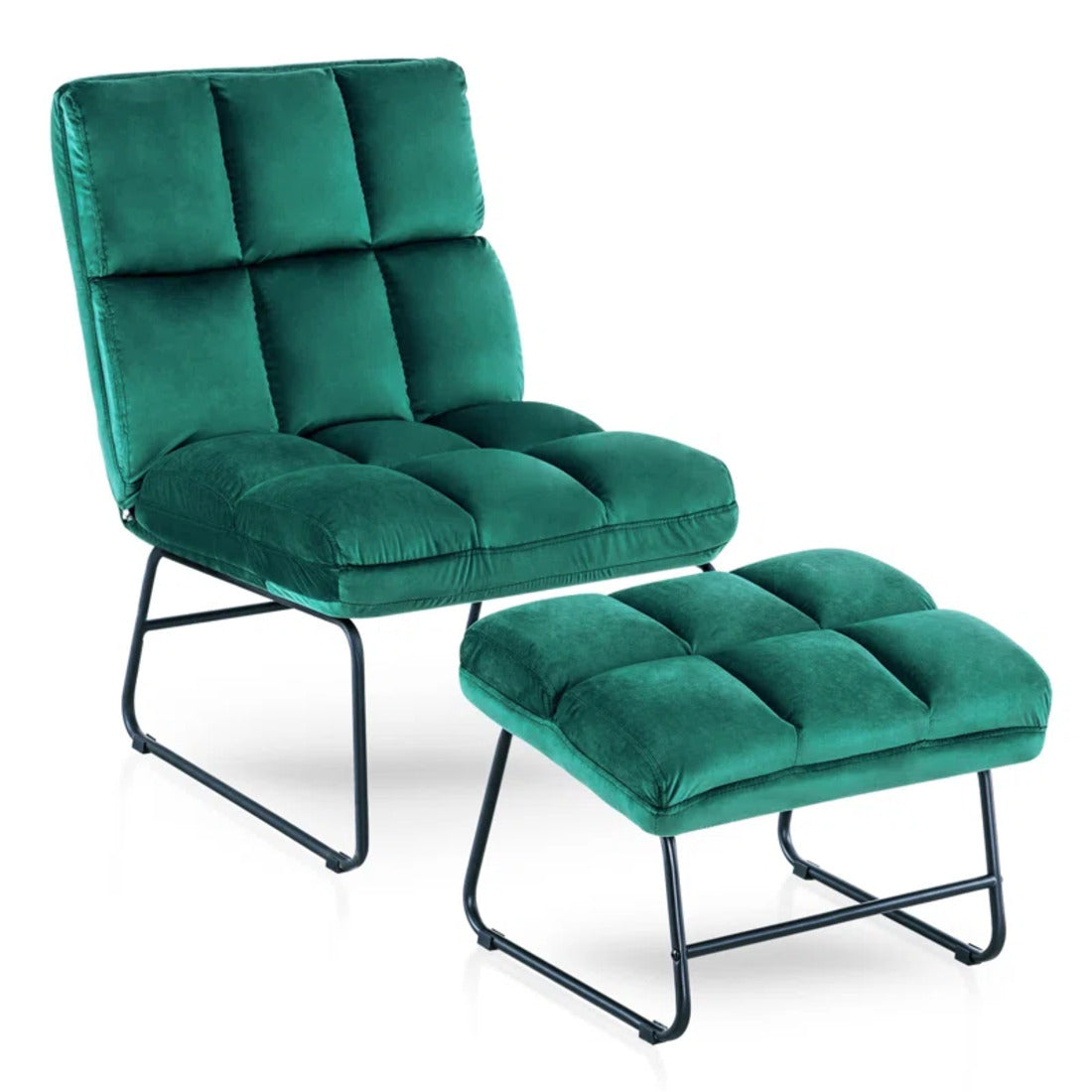 Square Tufted Design Rich Green Velvet Chair with Footrest