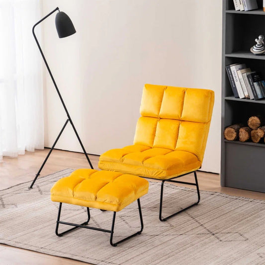 Square Tufted Style Yellow Velvet Chair with Footrest