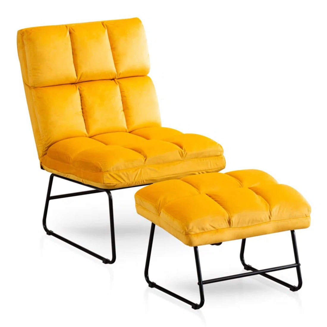 Square Tufted Style Yellow Velvet Chair with Footrest