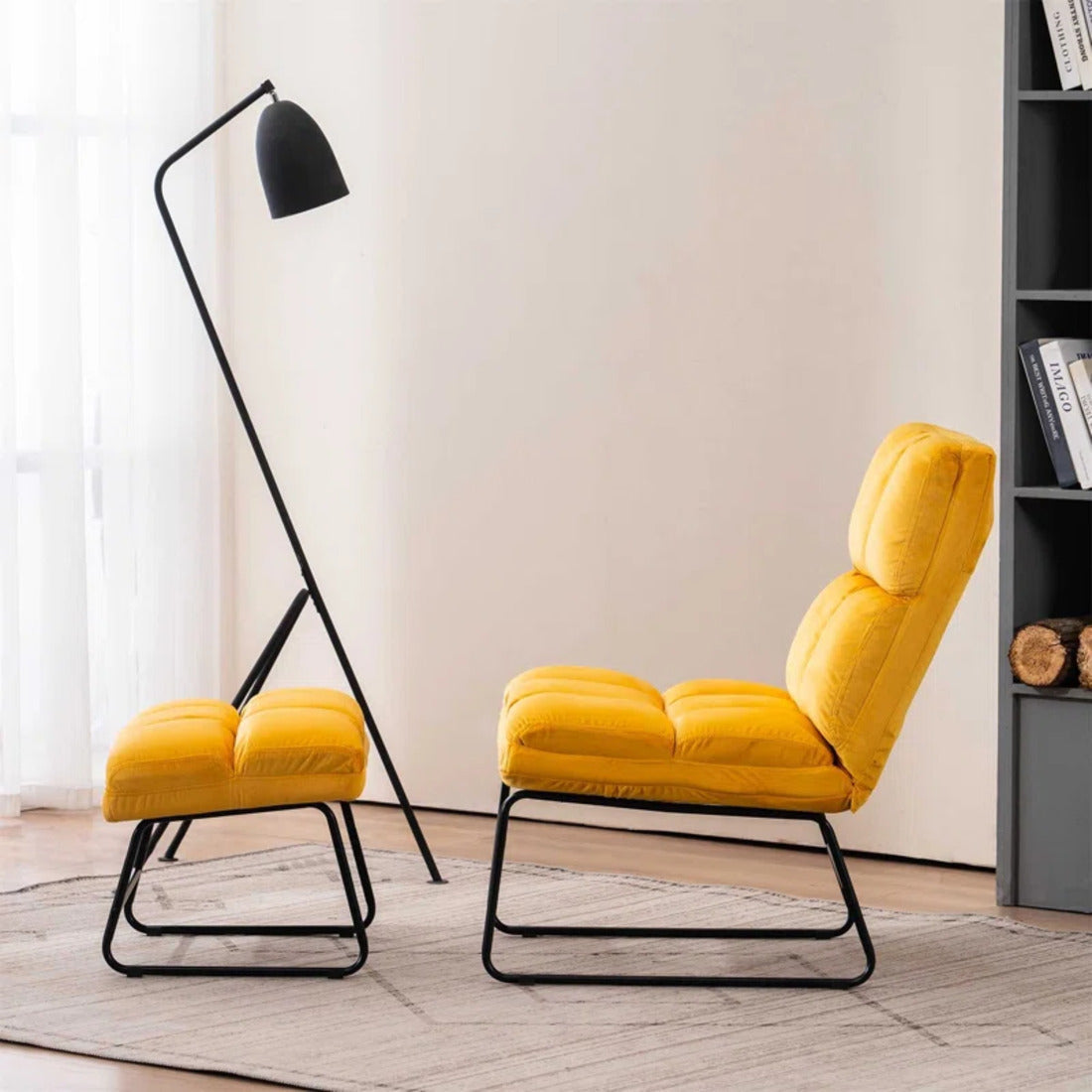 Square Tufted Style Yellow Velvet Chair with Footrest