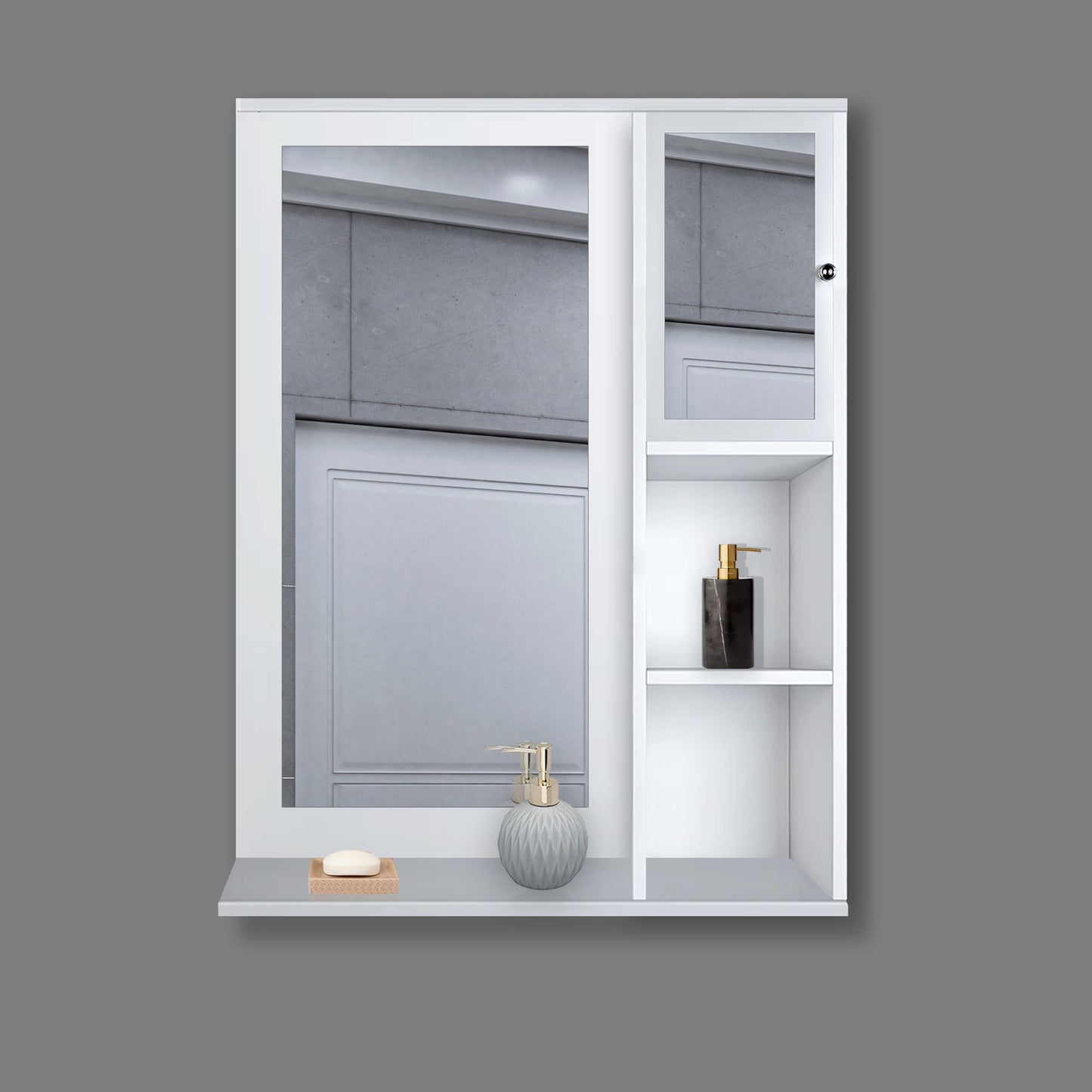 Structured Wooden Bathroom Cabinet Mirror with 4 Spacious Shelves with White Finish