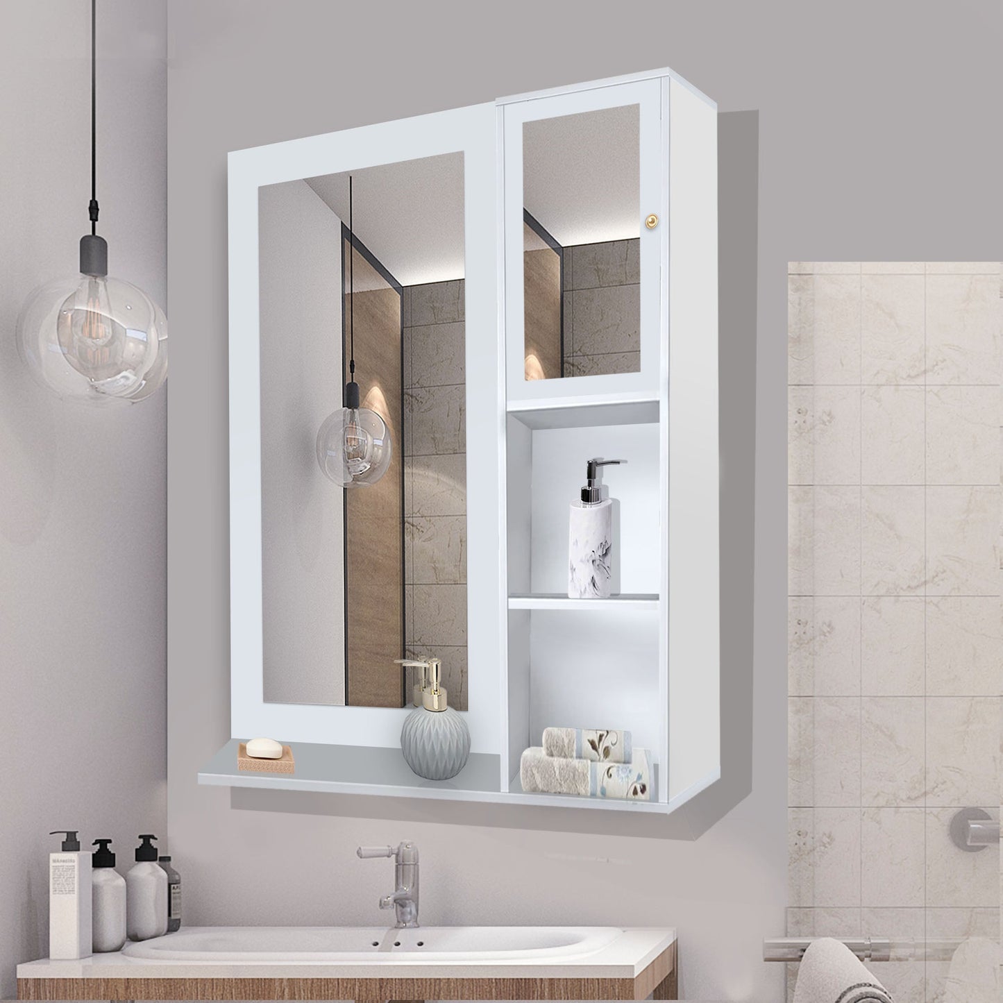 Structured Wooden Bathroom Cabinet Mirror with 4 Spacious Shelves with White Finish