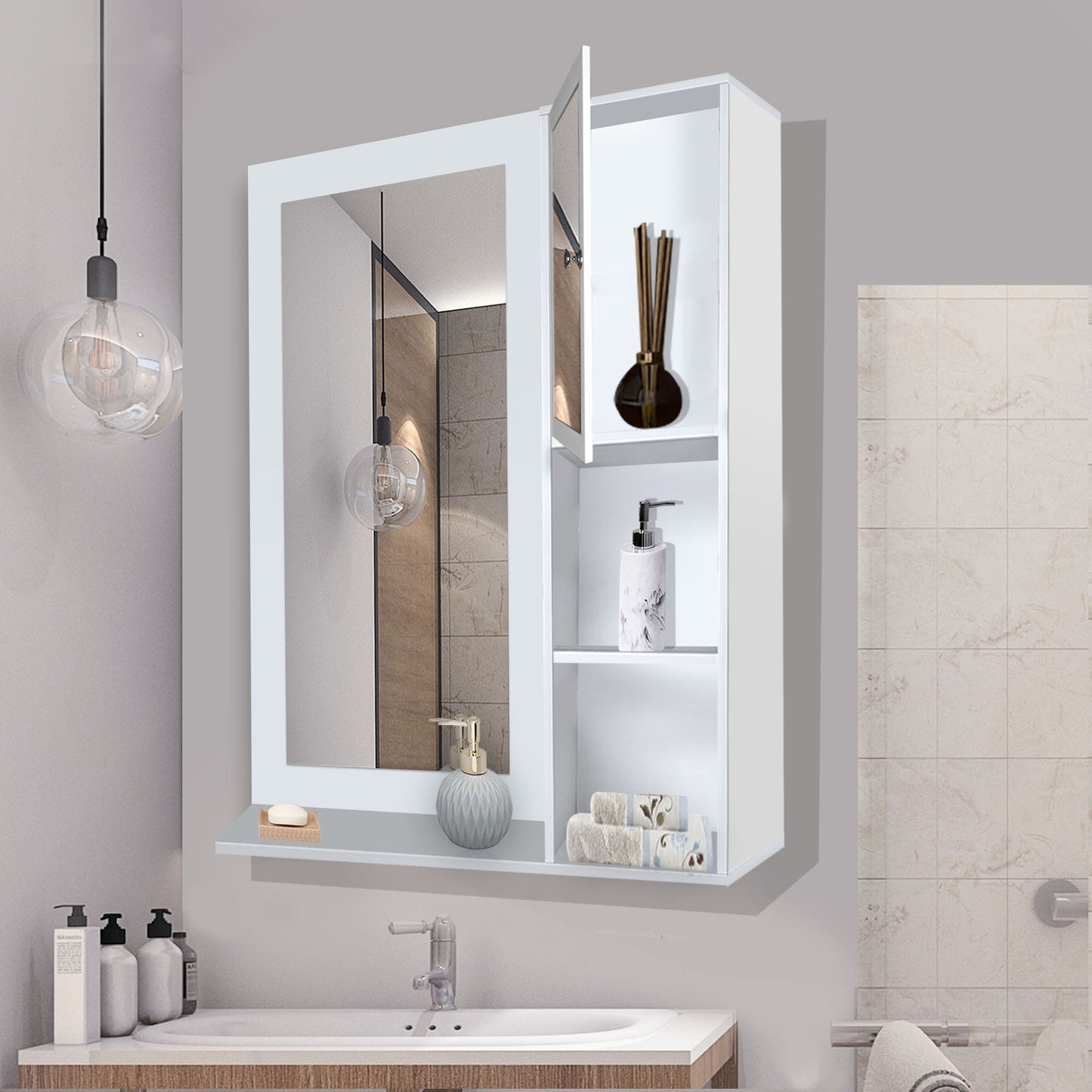 Structured Wooden Bathroom Cabinet Mirror with 4 Spacious Shelves with White Finish