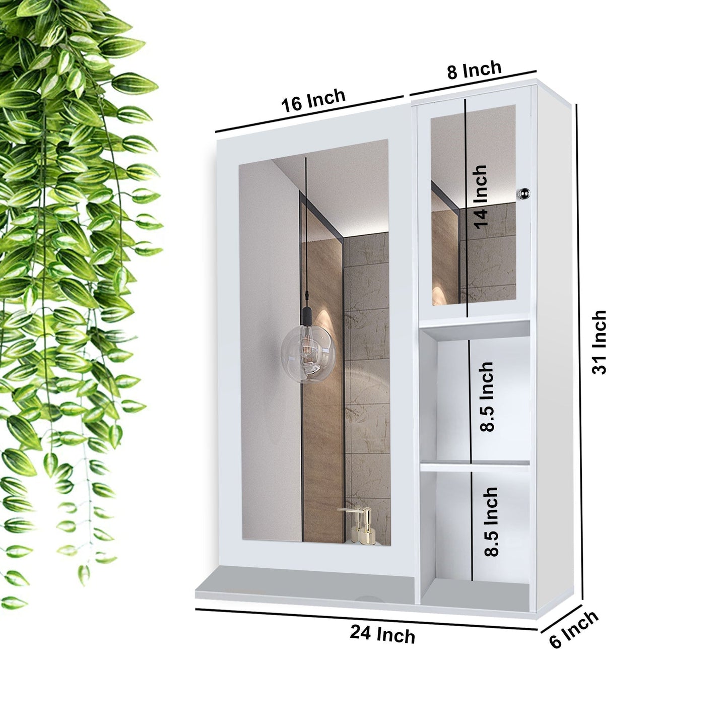 Structured Wooden Bathroom Cabinet Mirror with 4 Spacious Shelves with White Finish