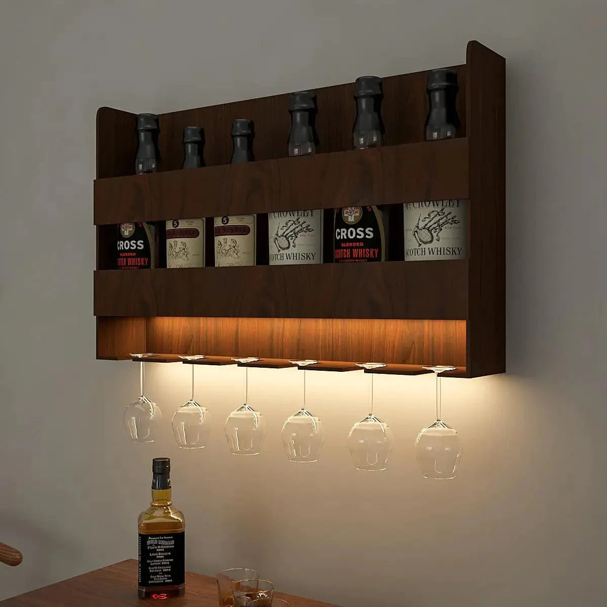 Sturdy Design Backlit MDF Bar Wall Shelf / Mini Bar Shelf in Walnut Finish